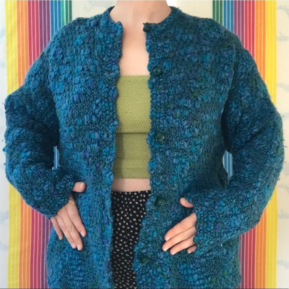 VINTAGE chunky knit acrylic cardigan sweater blue medium large trendy